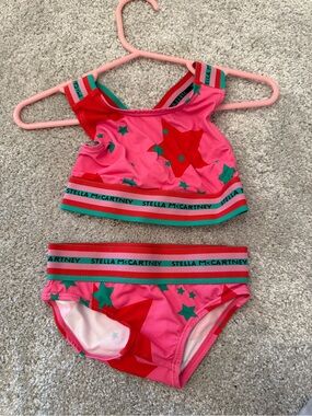 Stella McCartney Kids Star Bikini 2Y | Pink Striped Logo Swim Set